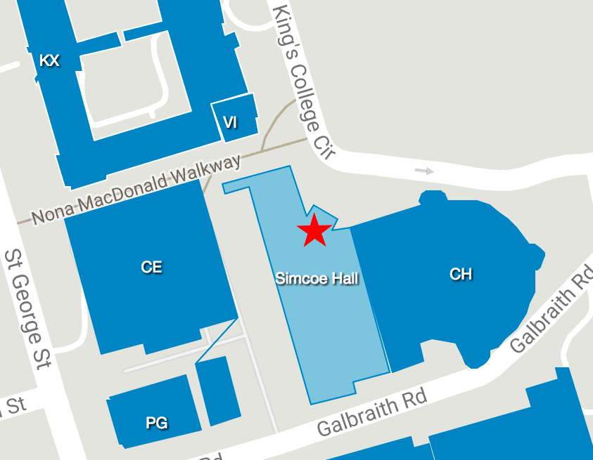 Map showing the location of Simcoe Hall at U of T's St. George campus.